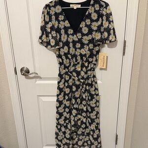 Rewind Black Floral Daisy Wrap Midi Dress with Yellow Centers